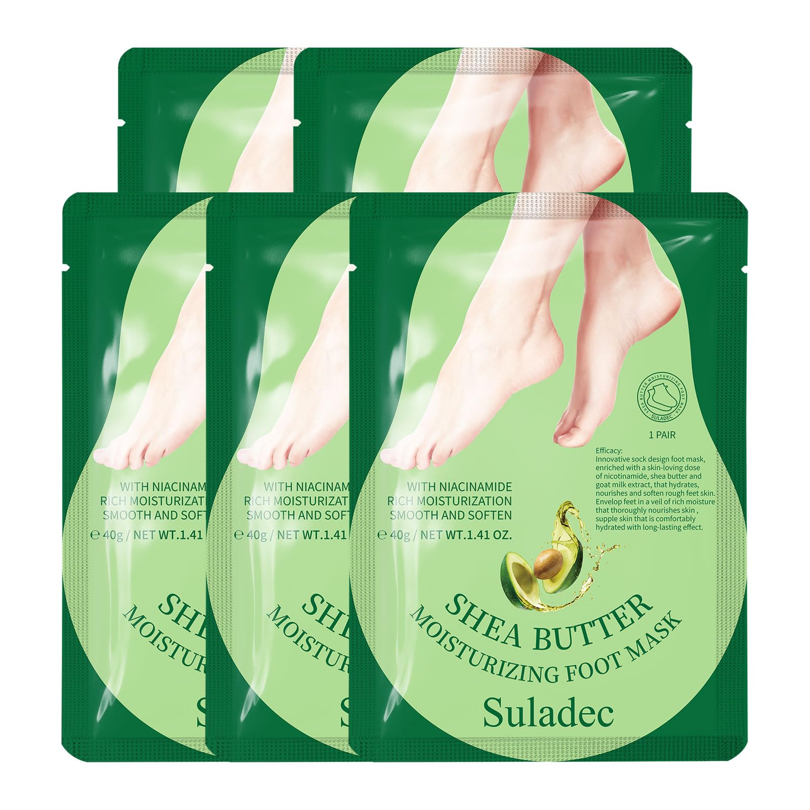 SULADEC Moisturizing Foot Mask with Shea Butter and Goat Milk, Hydrating Foot Masks for Dry Cracked Feet, Dry Skin Moisturizer for Soft and Smooth Touch Feet - Men Women - 5 Pairs